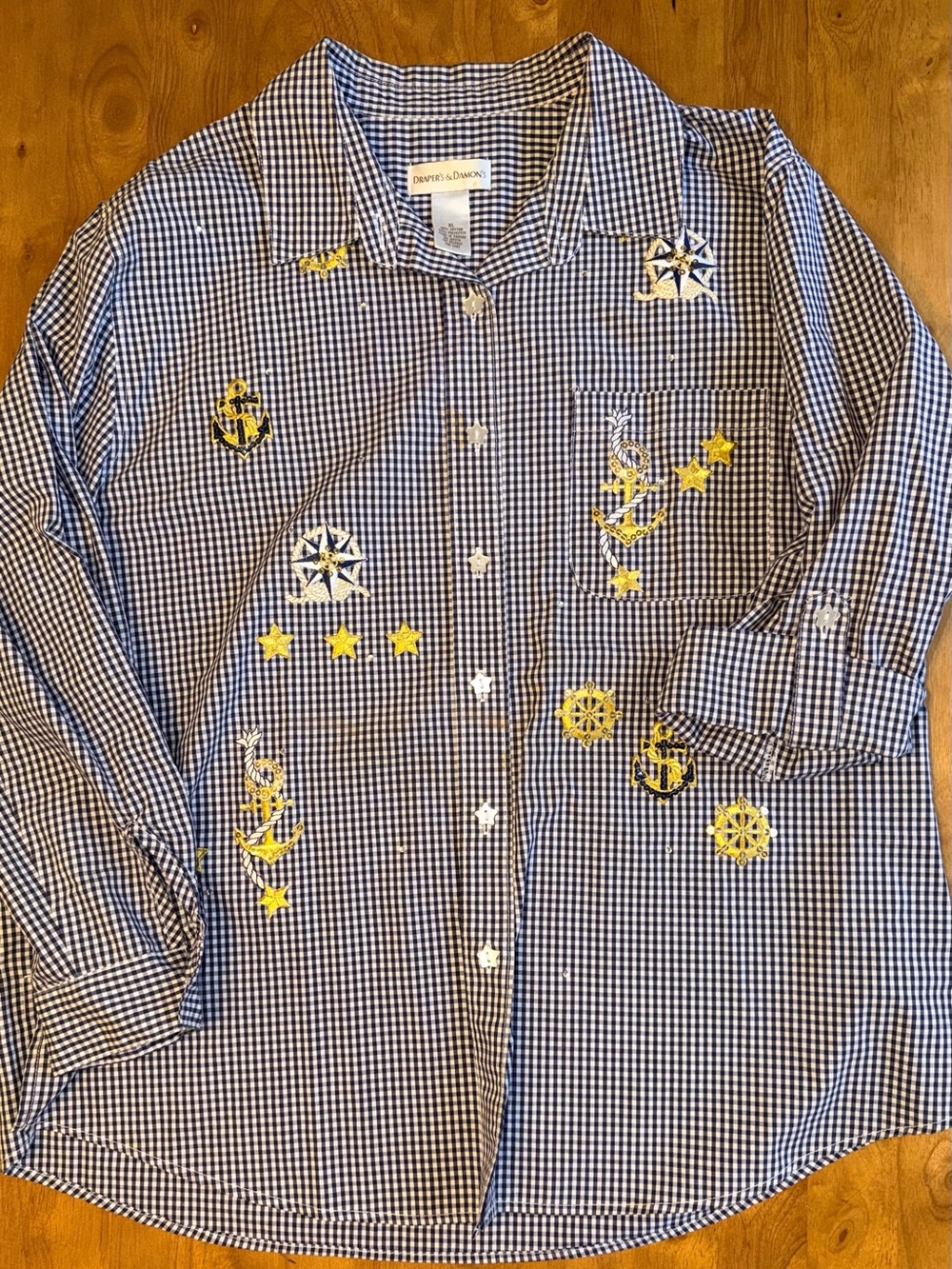 Drapers & Damons Women XL Gingham Nautical Embroidered Button Up Shirt Blue Whit